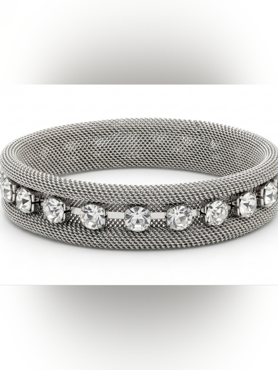 Source Unknown Jewelry - Vintage Silver Mesh Rhinestone Stretch Bangle Bracelet